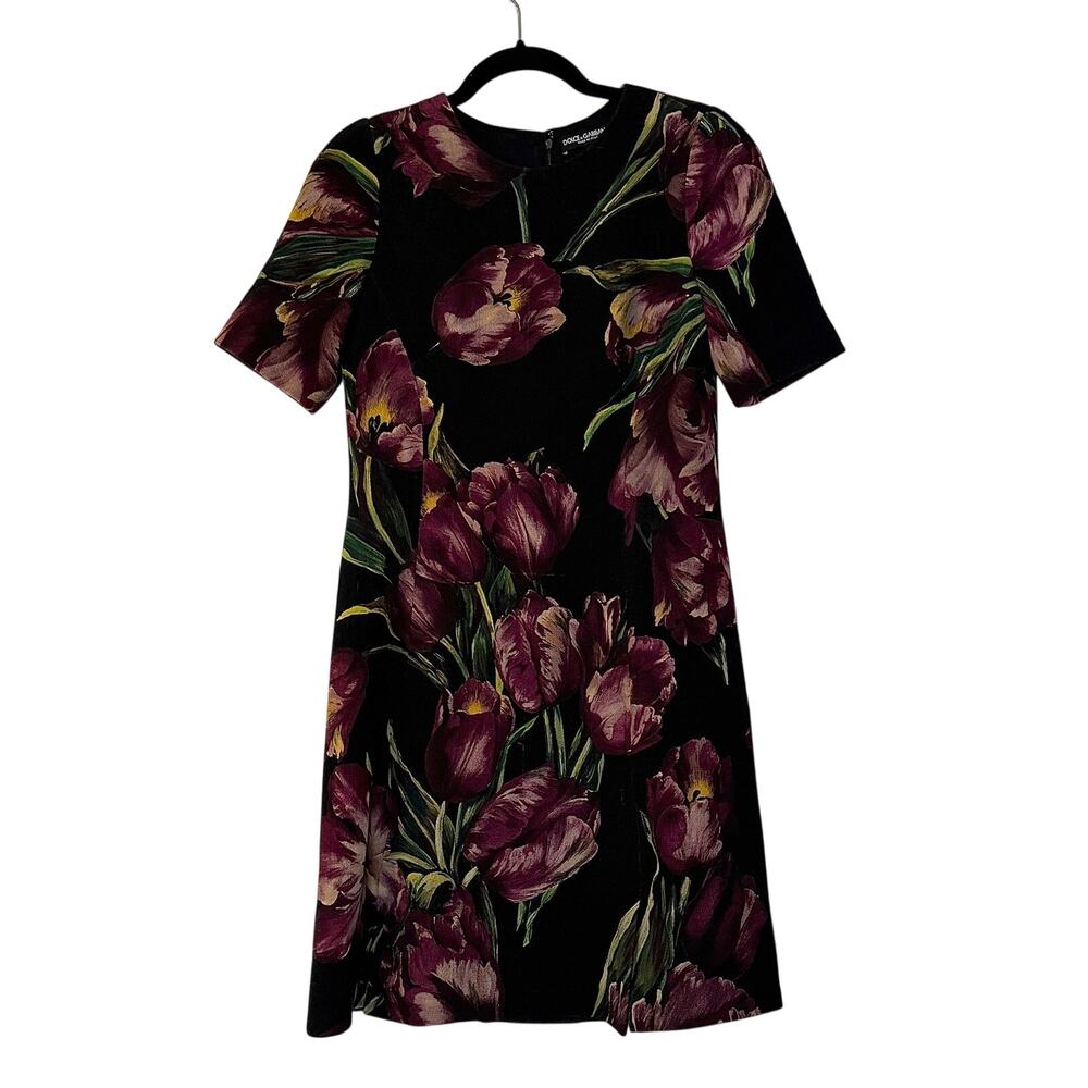 Dolce & Gabbana Black Tulip Print Silk Mini Dress